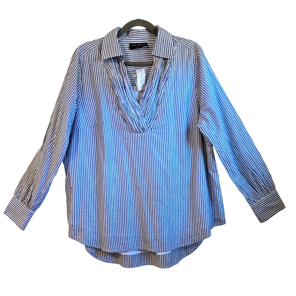 Lane Bryant Blue White Striped Metallic Tunic Top Surplice V-Neck Size 14/16 NEW